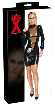 LateX Crna Lateks Haljina do Kolena 2XL sa Prozirnim Umetkom