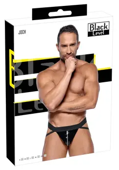 Black Level Vinil jockstrap za muškarce M sa srebrnim patent zatvaračem, crni finiš