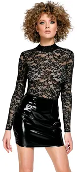 Black Level Mini Haljina L - Čipka i Vinil, Dugi Rukavi, Crna