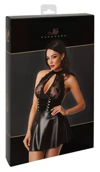 Noir Orgia Exclusive Halter Mini Haljina Čipka i Wetlook Crna S