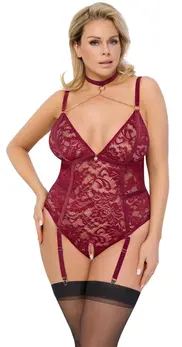 Cottelli Curves Čipka i Velur Body sa Podvezicama Crveni 2XL Podesivi Lanci
