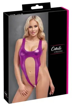 Cottelli LINGERIE Bodi Metalik Roze S/M - Sjajan High-Leg Bodysuit