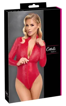 Cottelli PARTY Crveni Bodysuit Zmijska Koža S - Rastezljiv Materijal, 3-Smerni Zip