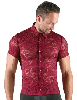 Svenjoyment Men’s Lace Shirt Burgundy Floral Short Sleeve M