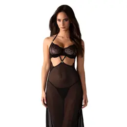 Obsessive Iliosa Komplet Kamizola i Tanga 2XL/3XL Crna Čipka i Til