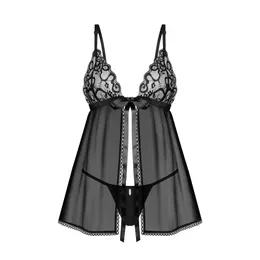 Obsessive Blomentis Babydoll & Thong Set Crni XS/S Elegantna Čipka