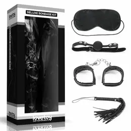 Lovetoy 4-Piece Deluxe Set - Handcuffs, Ball Gag, Mask & Whip, Black