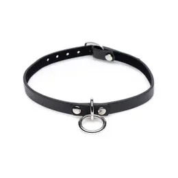 Collared Vixen Slim PU Leather Choker with Silver O-Ring, Black, Adjustable