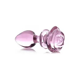 XR Brands Pink Rose stakleni intimni čep veliki - umetnički borosilikatni