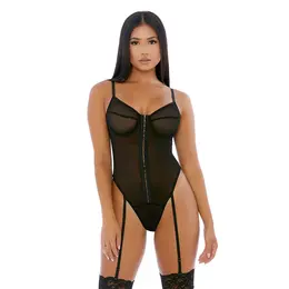 Fantasy Lingerie Nightly Hook Up Sheer Mesh Teddy with Garter S