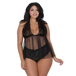 Dreamgirl Retro Lace & Mesh Halter Babydoll Plus Size, Adjustable Ties