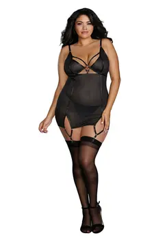 Dreamgirl Power Mesh Garter Slip 1X - Fishnet & Gold Detail Set