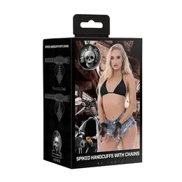 Ouch! Spiked Black Metal Handcuffs with Chains - Adjustable Restraint System