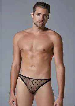 Male Power Star Motif Ultra Sheer Thong S/M - Elastic Waistband