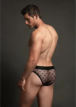Male Power Star Mesh Brief S/M - All-Over Star Motif, Sheer Fabric