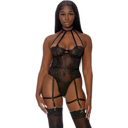 Dreamgirl Watch Her Bloom Lace Teddy sa košaricama i podvezicama L Crna