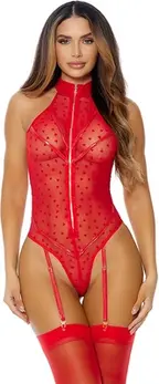 Leg Avenue Eat Your Heart Out Mesh Teddy XL with Heart Pattern & Garter Straps