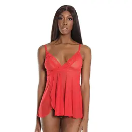 Dreamgirl Lace Trim Babydoll & Thong Set Adjustable Straps One Size