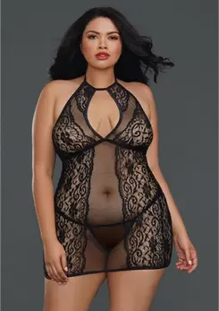 Dreamgirl Plus Size Fishnet & Floral Lace Chemise with High Neck Tie