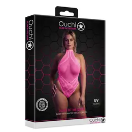 Shots Neon Halter Neck UV-Activated Bodysuit Neon Pink, Size XS/XL