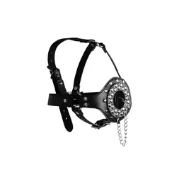 Ouch! Premium Open Mouth Plug Head Harness Black - Adjustable Leather Design