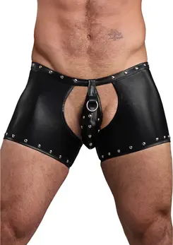 Male Power Poseidon L/XL Black Open Crotch & Back Shorts with Thong