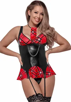 Magic Silk Dress Up Mini Dress S/M Red with Plaid Tie & Chain Detail