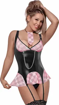 Magic Silk Flirty Freshman Mini haljina set S/M Ružičasti karirani lančani detalj