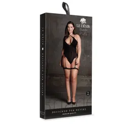 Metis XVI Plus Size Bodysuit with Garters and Criss-Cross Neckline