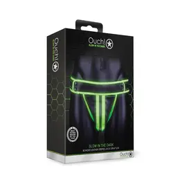Ouch! Prugasti jockstrap S/M koji svetli u mraku - Fluorescentni zeleni akcenat