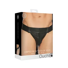 Mister B Plain Front Zip Leather Jockstrap S/M Black - Elastic Waistband