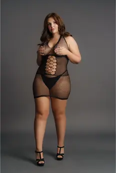Peek-A-Boo Plus Size Visoki vrat Mrežasta haljina sa čipkom XXL-5XL