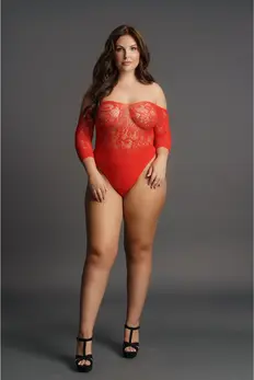 Mapale Plus Size Lace Rhinestone Teddy sa 3/4 Rukavima, Crna