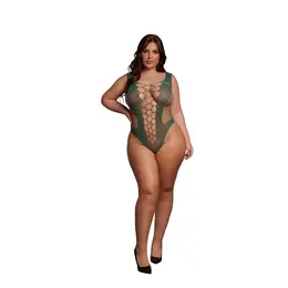 Obsessive Queen Size V-Izrez Intimni Bodysuit sa Neprozirnim Mrežastim Panelima