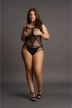 Leg Avenue Plus Size Kontrastni Mrežasti Teddy XXL-5XL Crni Mrežasti Dizajn