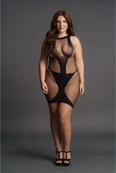 Leg Avenue Plus Size Visoki Vrat Mrežasta Mini Haljina sa V Akcentom, Crna