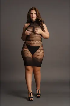 Chilirose Plus Size Visoki Čipkani Vrat Mrežasta Mini Haljina XXL-5XL Crna
