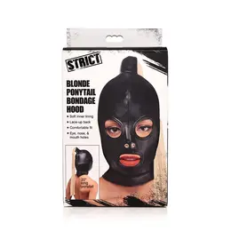 XR Brands Leather Hood Mask with Blonde Synthetic Ponytail - Adjustable Fit