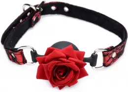 XR Brands Full Bloom Silicone Ball Gag Red-Black Rose Adjustable Strap