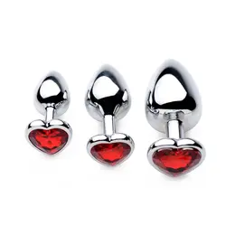 XR Brands Red Jewel Metal Plug Set 3 Sizes - Aluminum, Red Heart Base