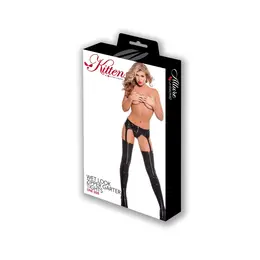 Allure Wetlook Zipper Garter Tights One Size with G-String Black