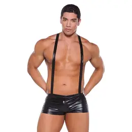 Rene Rofe Wetlook Suspender Shorts One Size - Glossy Finish, Adjustable Straps