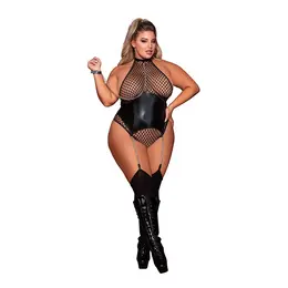 Dreamgirl Fishnet Teddy Plus Size crni sa lancanim povodcem koji se moze skinuti