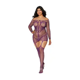 Leg Avenue Plus Size Aubergine Fishnet Garter Dress with Lace Detail