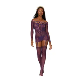 Leg Avenue Diamond Garter Dress Aubergine One Size Fishnet Lace
