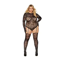 Leg Avenue Plus Size Diamond Fishnet Bodystocking with Finger Gloves Black