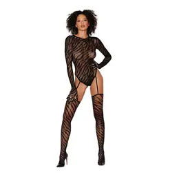 Leg Avenue Zebra ribani bodystocking crni jedna veličina sa rukavicama