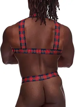 Male Power Elastic Harness Red - Adjustable Straps & Metal Studs, One Size