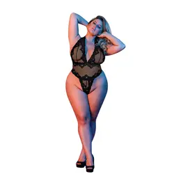 Magic Silk Deep Look Halter Teddy 2X Black - Elegant Plunge Bodysuit
