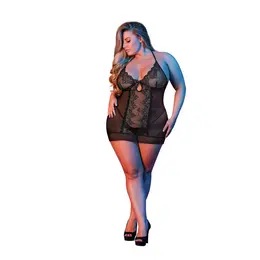 Magic Silk Exposed Chemise & Mesh G-String Set 2X Black Elegant Lace